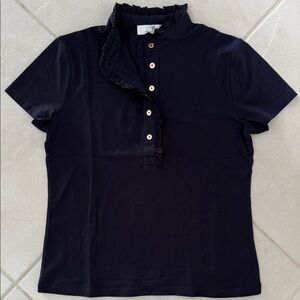 Elegant Blue Ruffled Women's Button Down T-Shirt